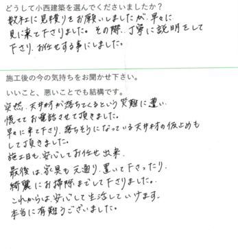 見積もりの時、落ちそうになっている天井材の仮止めもして頂きました。説明も丁寧で安心してお任せ出来ました。